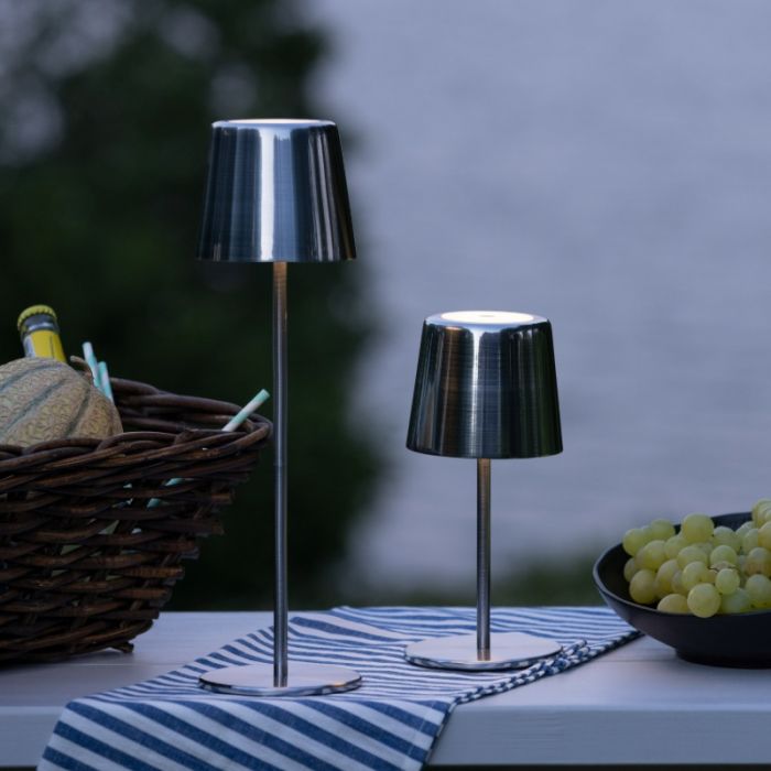 Moderne oplaadbare buiten tafellamp nikkel, Skander, 4W, warm tot koud wit verstelbare LED, IP44, met touchdimmer