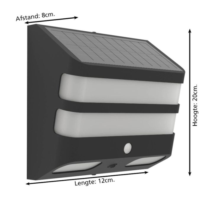 Zwarte buiten wandlamp op zonne-energie kunststof, Hisham, 6,5W, 4000K LED, IP65