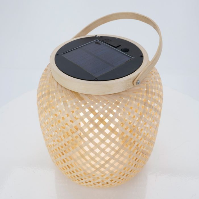 Bruine buiten tafellamp op zonne-energie hout, Hanin, 3,3W, 4000K LED, IP44, met schakelaar