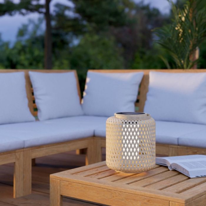 Bruine buiten tafellamp op zonne-energie hout, Hanin, 3,3W, 4000K LED, IP44, met schakelaar
