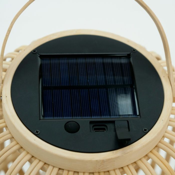 Bruine buiten tafellamp op zonne-energie hout, Hanin, 3,3W, 4000K LED, IP44, met schakelaar