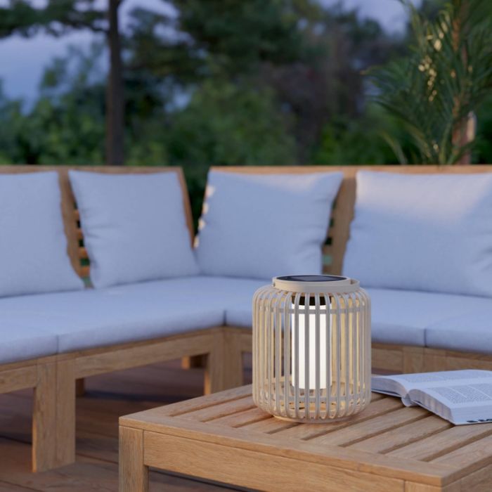 Bruine buiten tafellamp op zonne-energie hout, Hanin, 3,3W, 4000K LED, IP44, met schakelaar