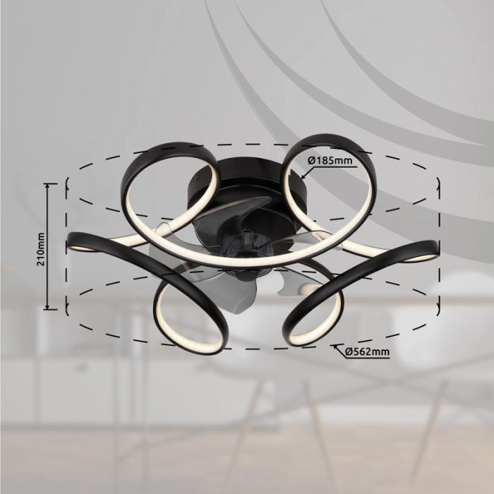 Zwarte design plafondventilator kunststof, Joske, 40W, warm tot koud wit verstelbare LED, met afstandsbediening