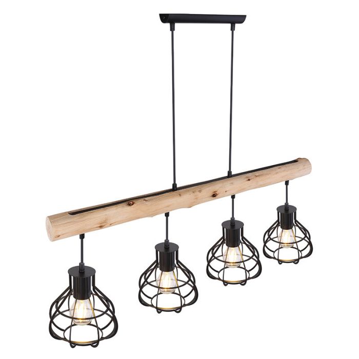 Industriële hanglamp Tijs, zwart, hout