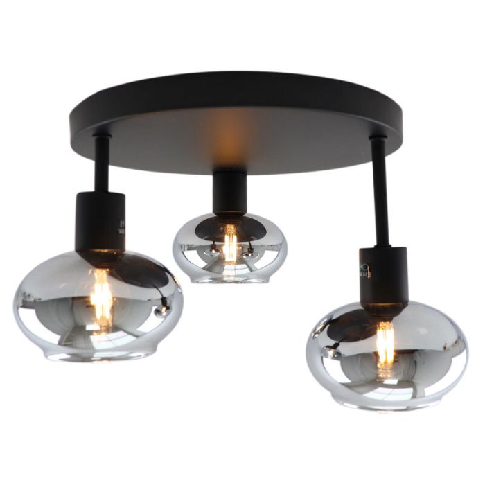 Zwarte plafondlamp Skip, rookglas, design, 3L