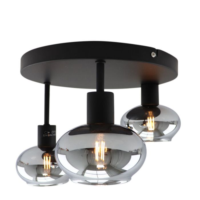 Zwarte plafondlamp Skip, rookglas, design, 3L