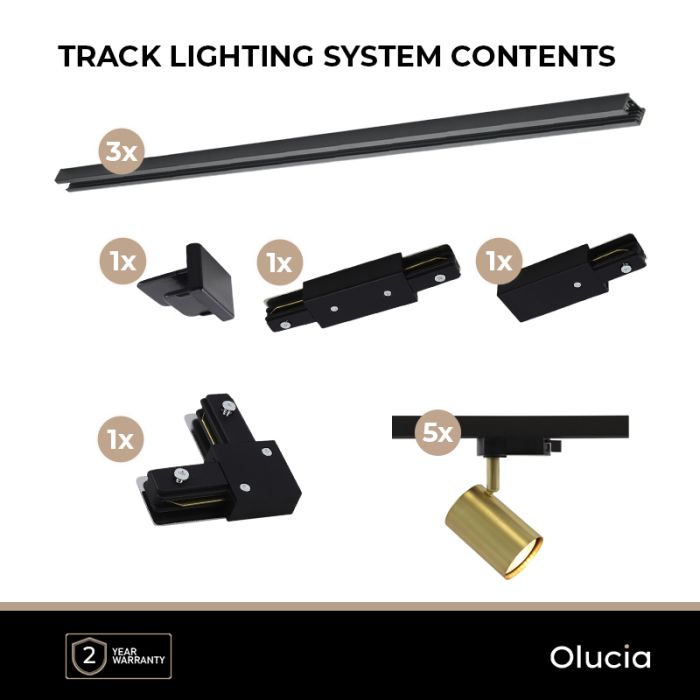 3M messing 1-fase railverlichting systeem met hoekstuk + 5 Elena railspots
