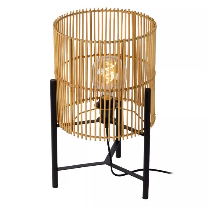 Houten landelijke tafellamp, Jantine, rotan