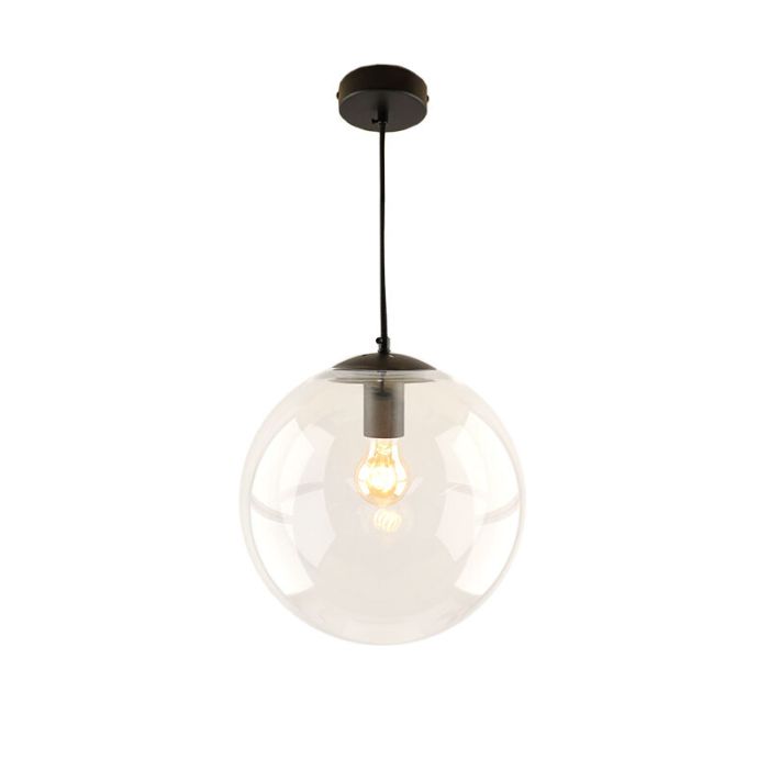 Bol hanglamp Dolf, zwarte ophangpendel, Transp. glas, 40cm