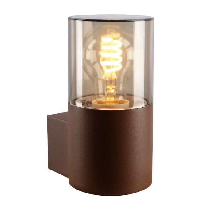 Roestkleur wandlamp Sanel, smoke glas, IP44, cilinder