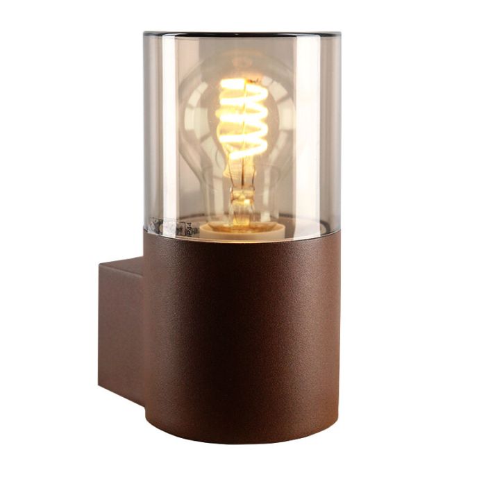 Roestkleur wandlamp Sanel, smoke glas, IP44, cilinder