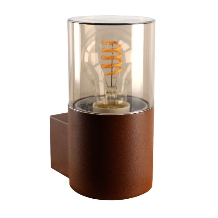 Roestkleur wandlamp Sanel, smoke glas, IP44, cilinder