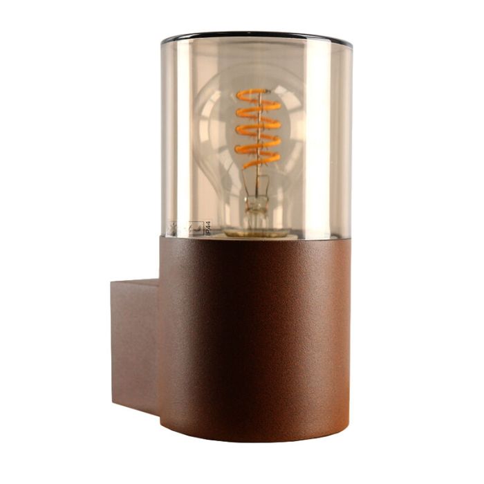 Roestkleur wandlamp Sanel, smoke glas, IP44, cilinder
