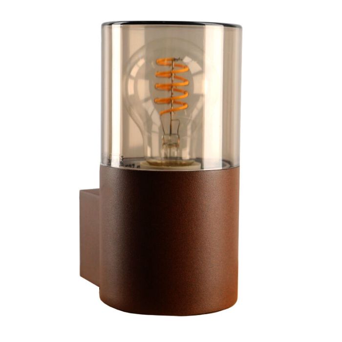 Roestkleur wandlamp Sanel, smoke glas, IP44, cilinder