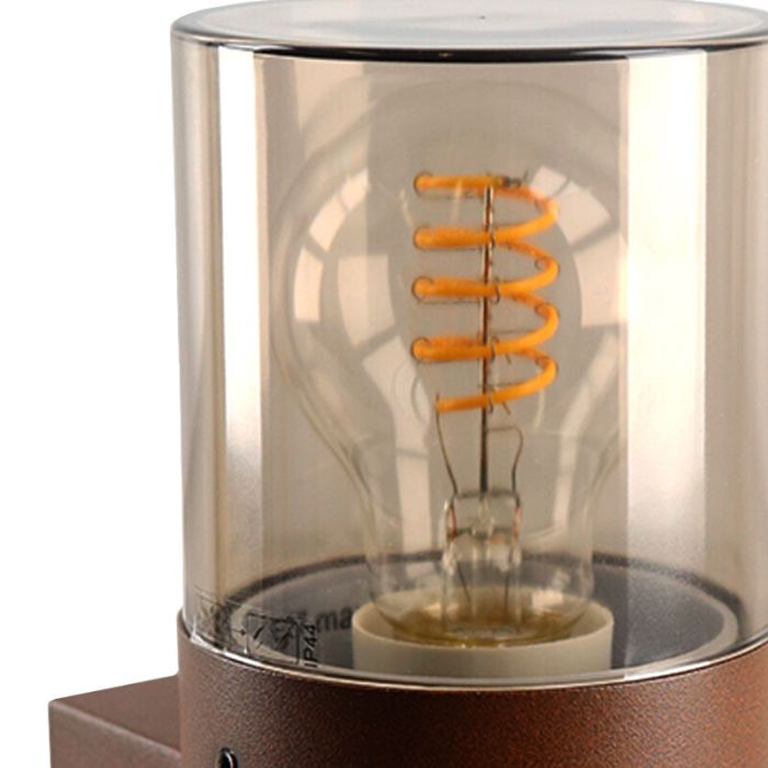 Roestkleur wandlamp Sanel, smoke glas, IP44, cilinder