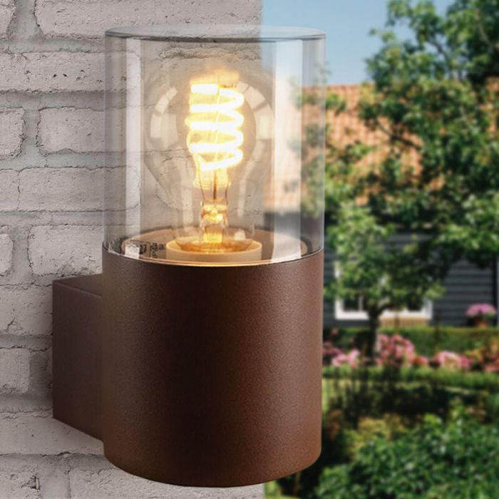 Roestkleur wandlamp Sanel, smoke glas, IP44, cilinder
