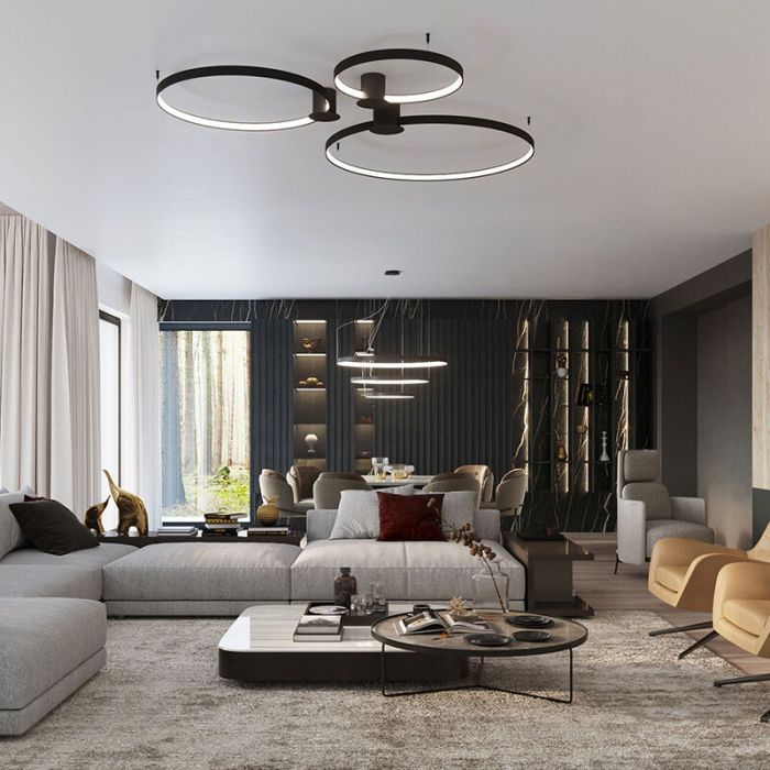 Moderne plafonnière Ringo, zwart, aluminium, 70w, 3000K