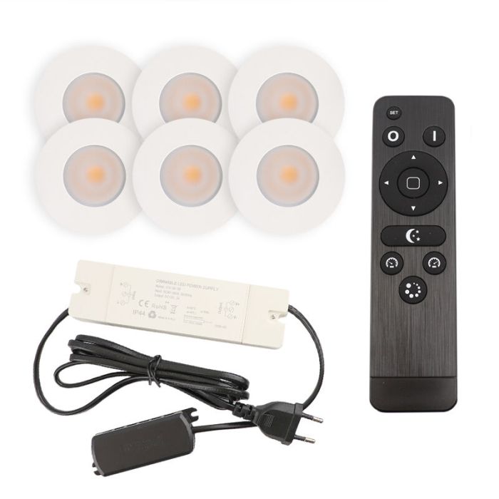 6 witte veranda inbouwspots Dico, IP65, incl. aansluitset en afstandbediening