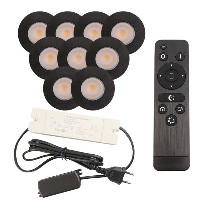 9 zwarte veranda inbouwspots Dico, IP65, incl. aansluitset en afstandbediening