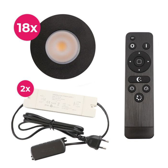 18 zwarte veranda inbouwspots Dico, IP65, incl. aansluitset en afstandbediening