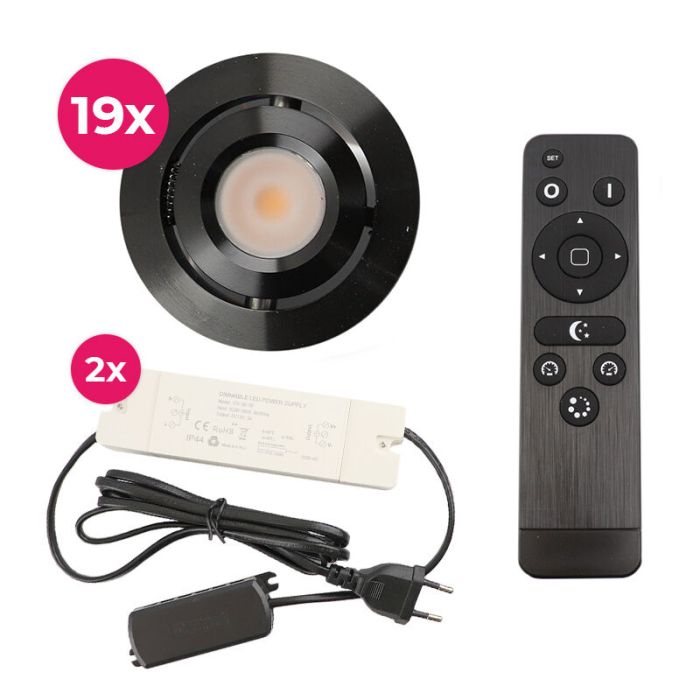 19 kantelbare veranda spots Rona, IP44, met aansluitset en afstandsbediening, zwart