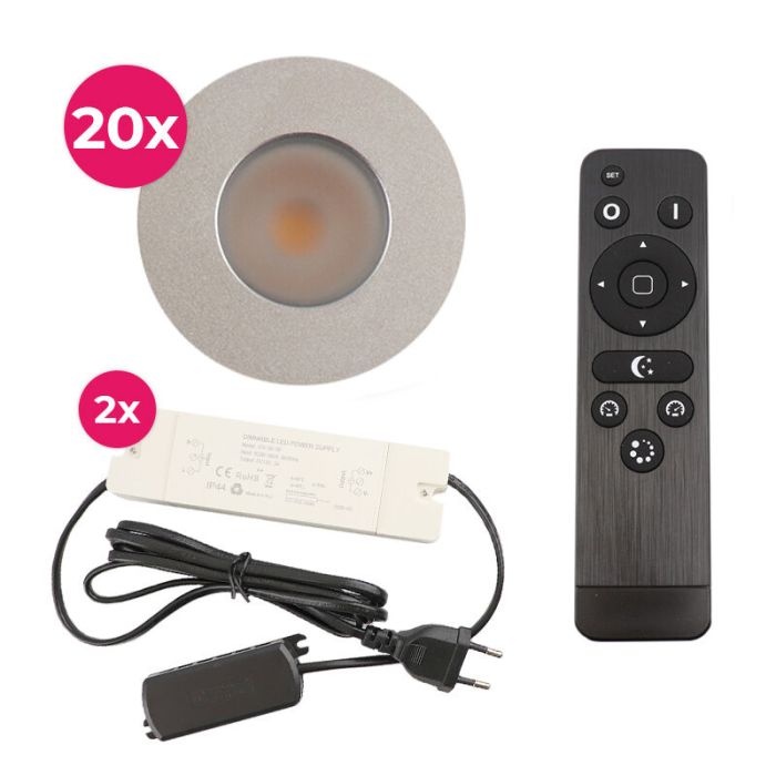 20 geborsteld Chroom veranda inbouwspots Dico, IP65, incl. aansluitset en afstandbediening