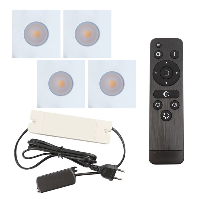 4 vierkante witte veranda inbouwspots Dico, IP65, incl. aansluitset en afstandbediening