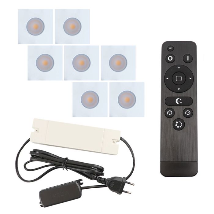 7 vierkante witte veranda inbouwspots Dico, IP65, incl. aansluitset en afstandbediening
