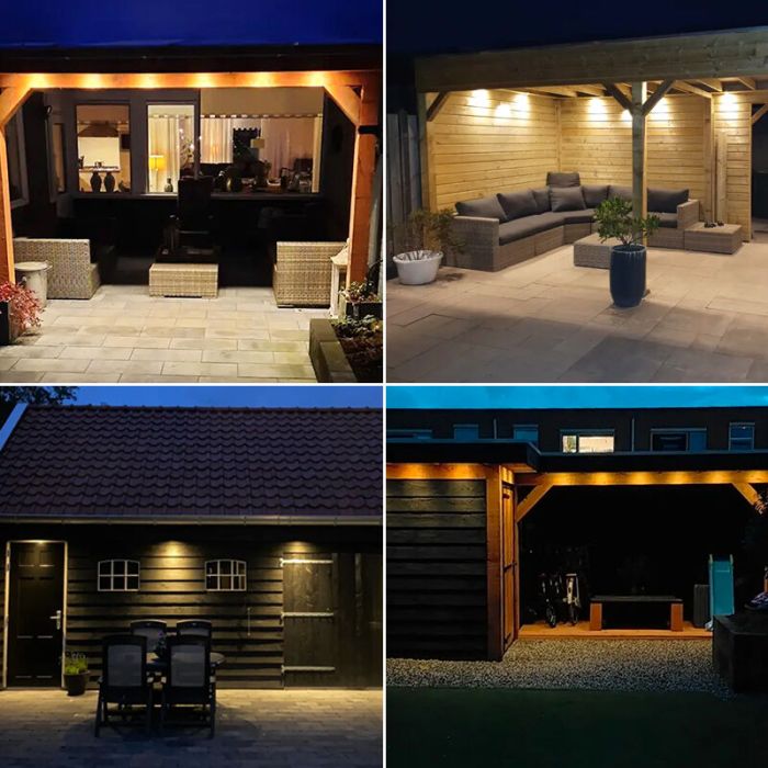 7 vierkante witte veranda inbouwspots Dico, IP65, incl. aansluitset en afstandbediening