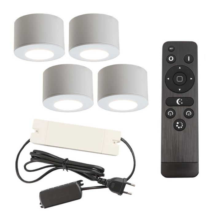 4 ronde witte veranda opbouwspots Vasso, IP44, incl. aansluitset en afstandbediening