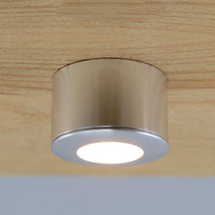 5 ronde geborsteld Chroom veranda opbouwspots Vasso, IP44, incl. aansluitset en afstandbediening