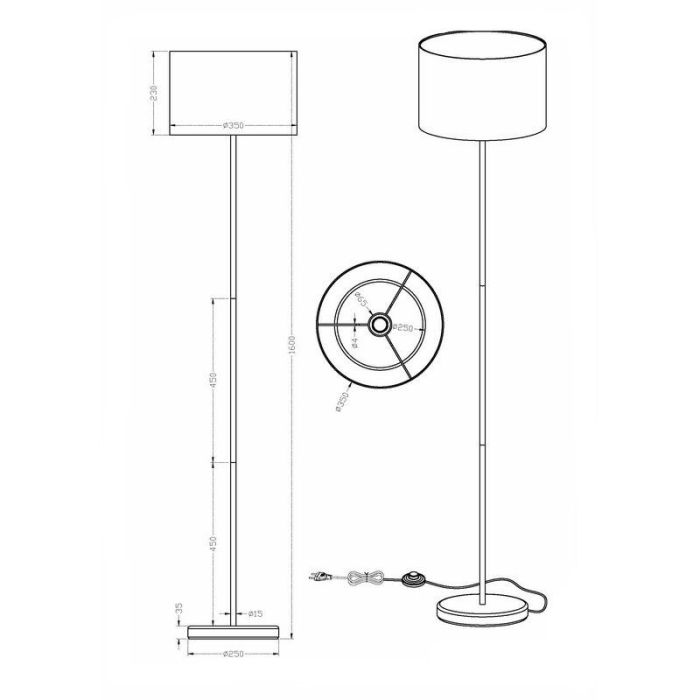 Nikkelen vloerlamp metaal, Ledbury, met schakelaar