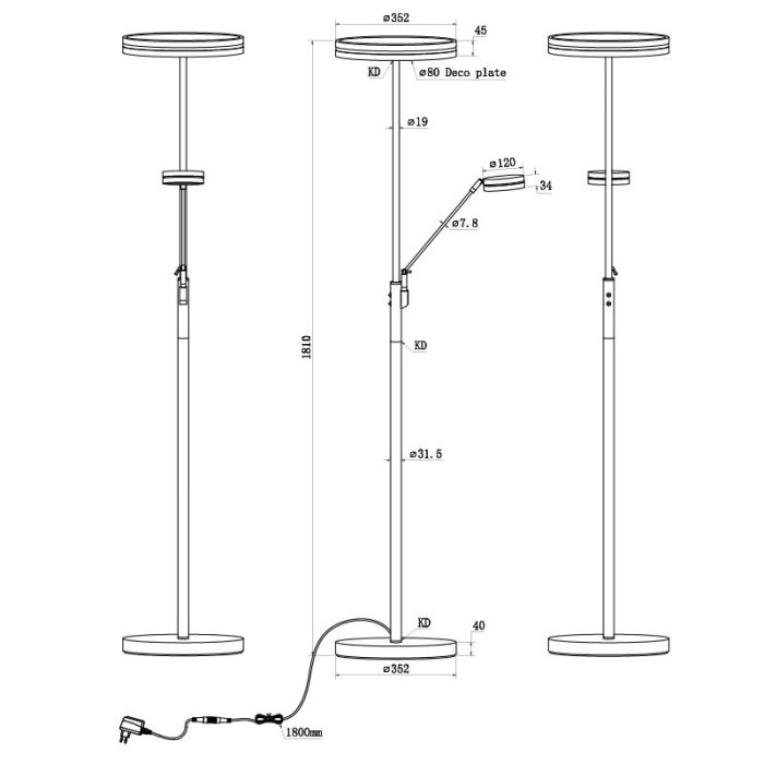 Messing staande leeslamp Marjon, metaal, modern, 35w, warm tot koud wit verstelbare LED