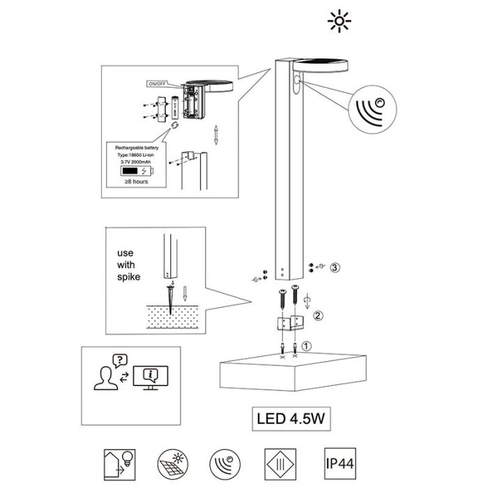 Moderne staande buitenlamp met bewegingssensor Sunny, antraciet, op zonne-energie