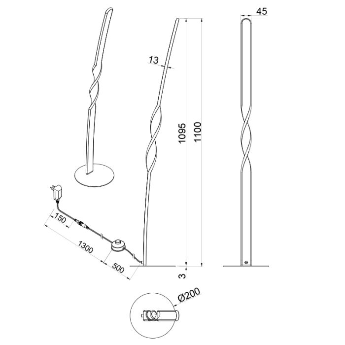 Zwarte vloerlamp design, Quirinus, 19W, 4000K LED, met schakelaar