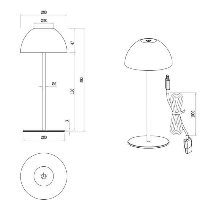 Witte oplaadbare tafellamp kunststof, Mikhail, 2W, 3000K LED, IP44, met touchdimmer