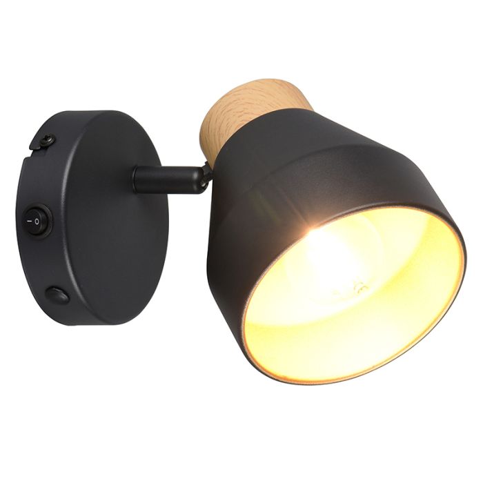 Zwarte wandspot modern, Riette, met schakelaar