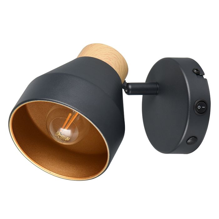 Zwarte wandspot modern, Riette, met schakelaar