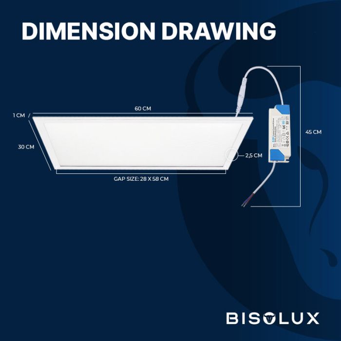 Bisolux LED paneel 30x60 - 24W - 4000K - dimbaar - UGR<19 - side-lit