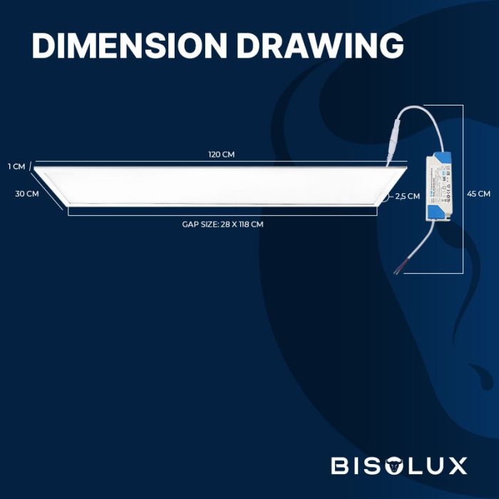 Bisolux LED paneel 30x120 - 38W - 6000K - dimbaar - UGR<19 - side-lit