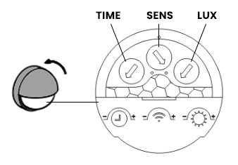 Instellingen bewegingssensor: TIME, SENS en LUX